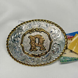 Crumrine Belt Buckle Letter R Gold on Silver Two Tone Vintage 3" Wide NEW